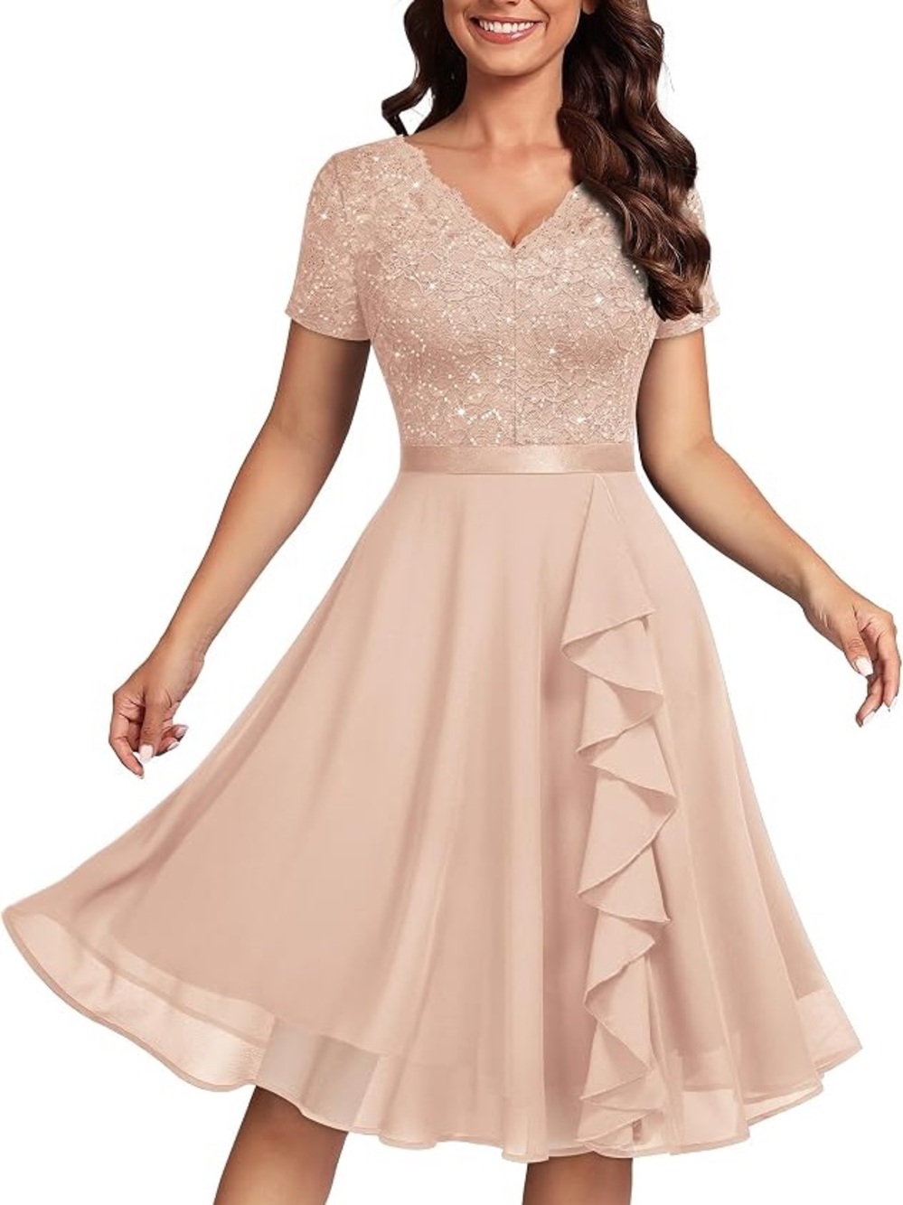 Missmay V-Neck Lace Champagne A-line Fit and Flare Cocktail Dress Size XL NWT